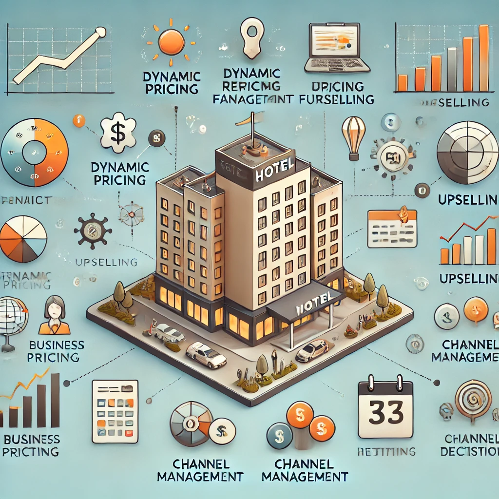  Illustration showcasing key hotel revenue management strategies with icons for dynamic pricing, forecasting, upselling, channel management, and data-driven decision-making. Includes a graph showing rising profits and a calendar indicating booking trends.