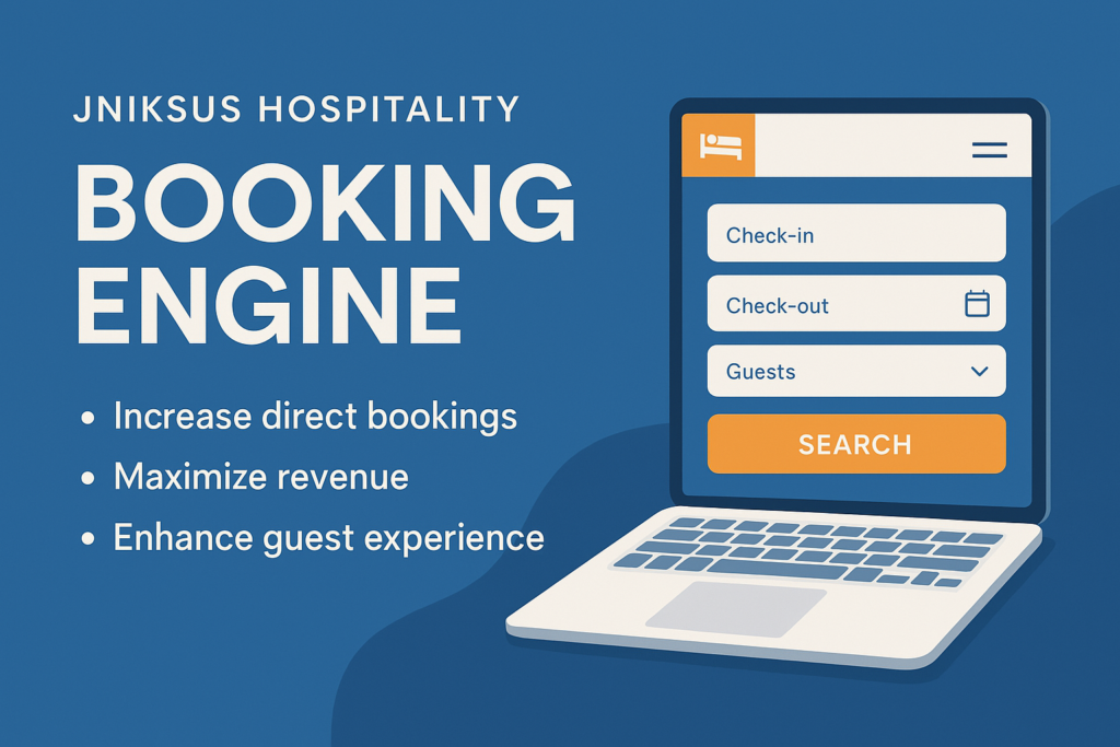 A 2D digital graphic advertisement for Jniksus Hospitality's Booking Engine, featuring a modern hotel booking interface on a laptop and mobile phone screen. The design includes key features such as real-time availability, secure payment integration, commission-free bookings, and multi-device compatibility. The background has a sleek and professional theme, with hotel-related icons and a call-to-action promoting direct hotel reservations.