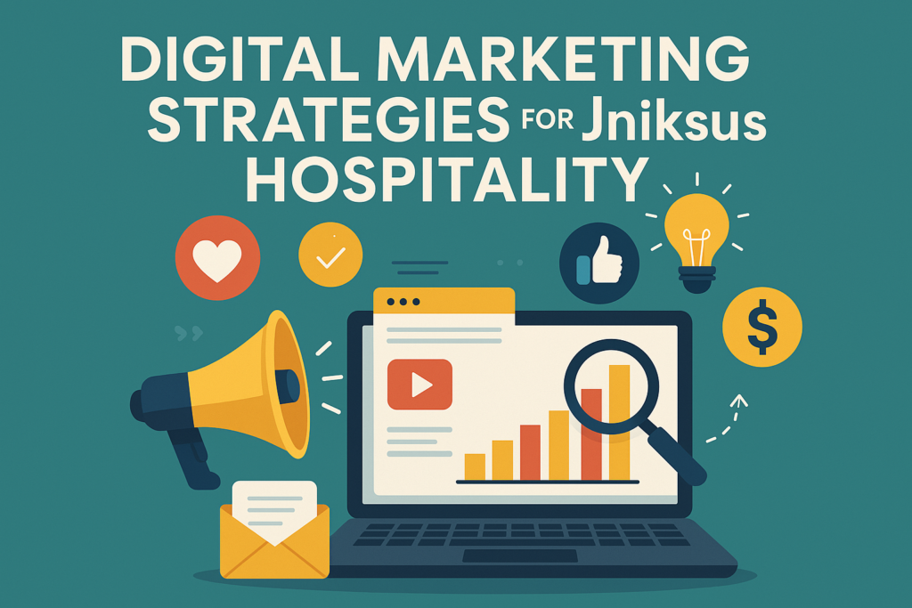 Illustration of digital marketing strategies for Jniksus Hospitality, featuring a laptop with analytics, a megaphone, icons for engagement, SEO, and monetization."
Let me know if you need any modifications!