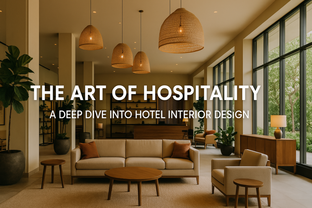 Modern hotel lobby interior with large windows, natural light, wooden furniture, beige sofas, indoor plants, and hanging woven pendant lights, illustrating stylish and welcoming hospitality design.