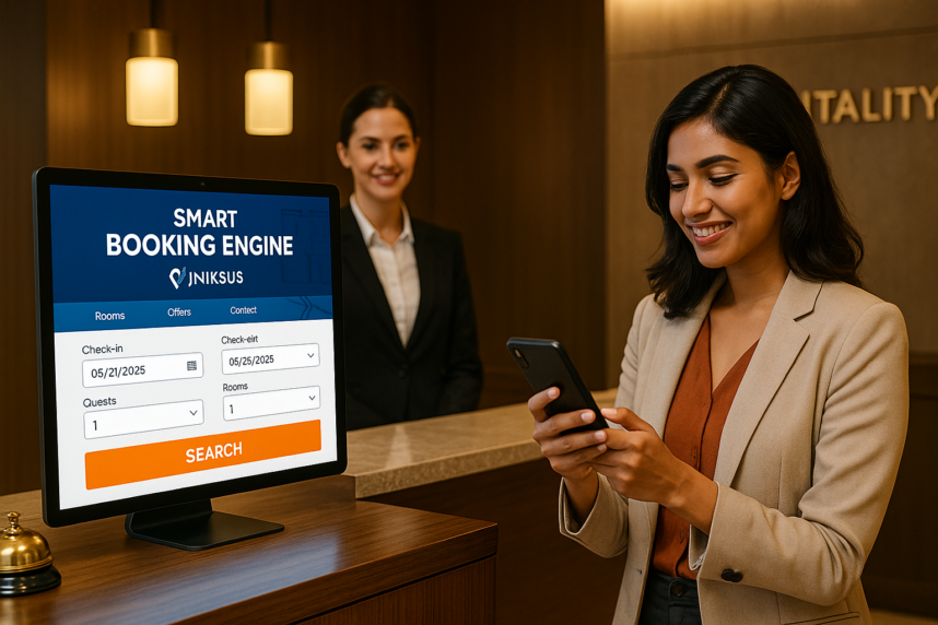 336 characters A smiling South Asian woman at a hotel reception uses her smartphone to book a room, while a friendly receptionist stands behind the counter. A computer screen on the desk displays a "SMART BOOKING ENGINE" interface by Jniksus Hospitality, showing check-in and check-out dates, guest and room options, and a bright orange search button.