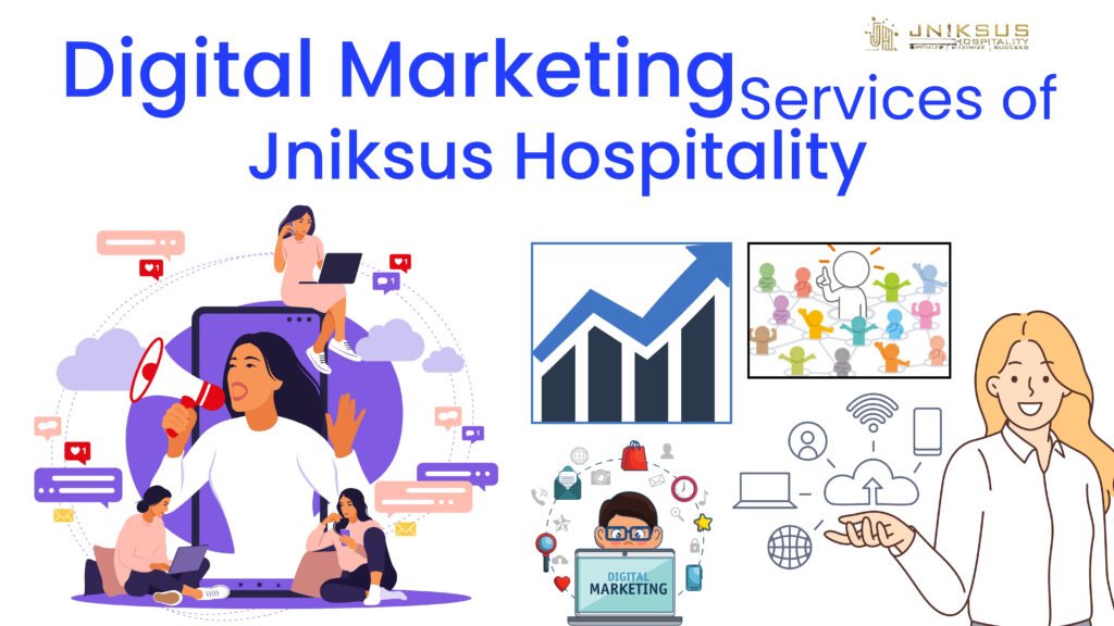 Promotional graphic for “Digital Marketing Services of Jniksus Hospitality” featuring illustrations of people using laptops and smartphones, social media engagement icons, growth chart, digital marketing elements, and a woman presenting digital tools, representing the company's marketing solutions for the hospitality industry.